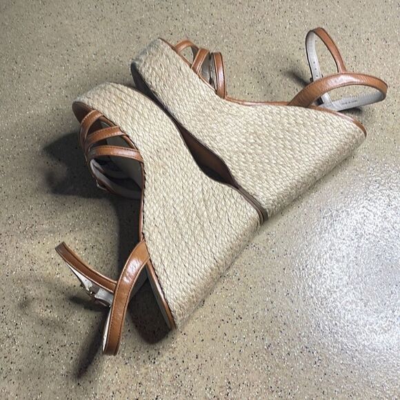 KORS Cognac Leather Jute Wrapped Platform Wedge Sandals 10 - Picture 3 of 11